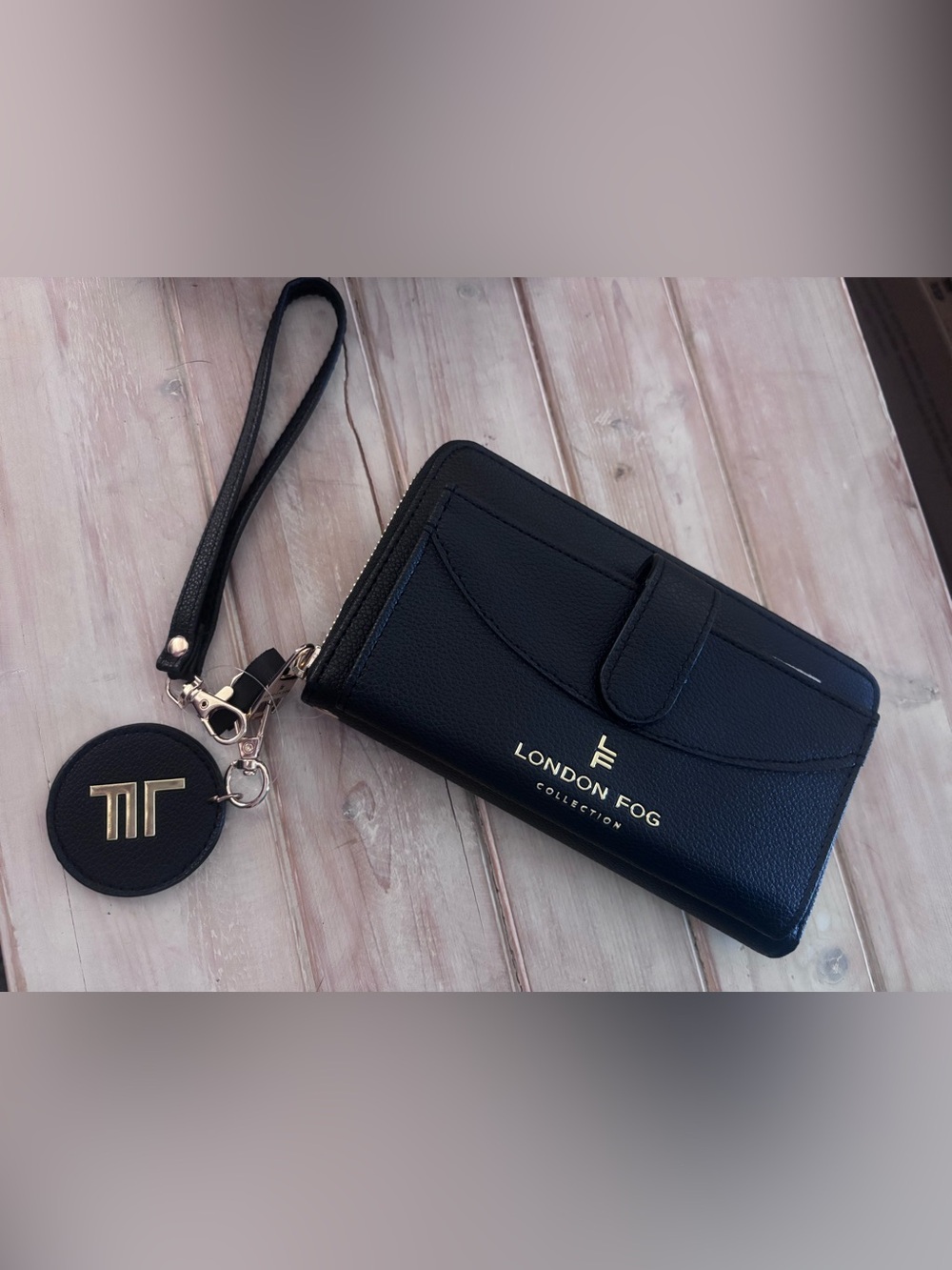 London Fog Black Wristlet Wallet with Gold Hardware